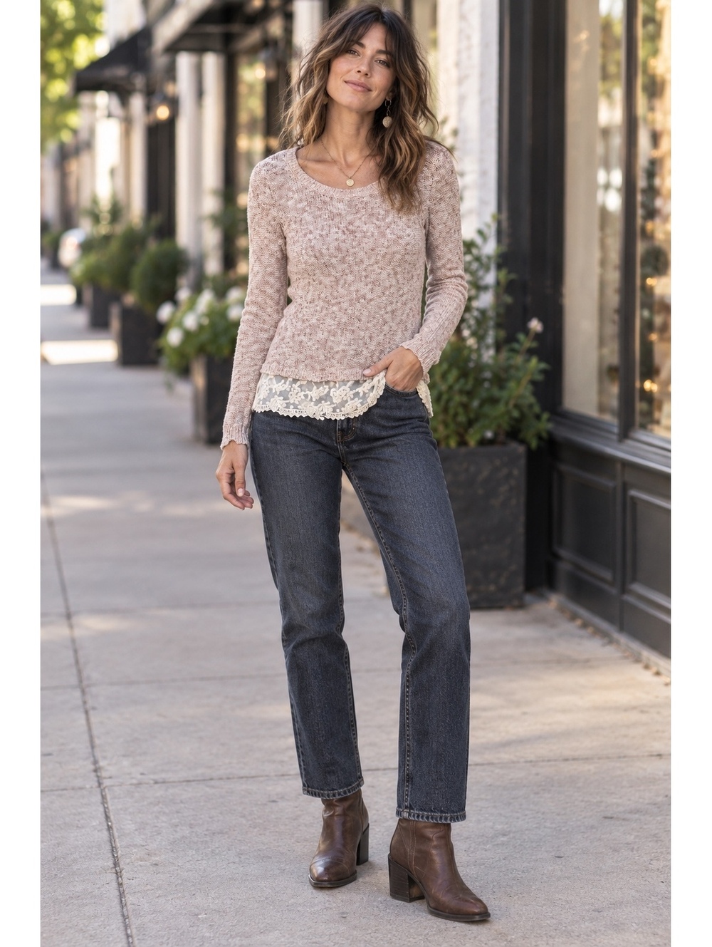 Hippie Rose Small Pink Marled Knit Sweater Lace Hem Boho